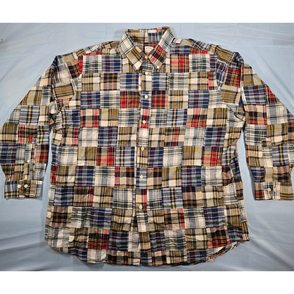 Brooks Brothers Madison Fit Patchwork Plaid Madras Shirt Mens XXL Multi Color